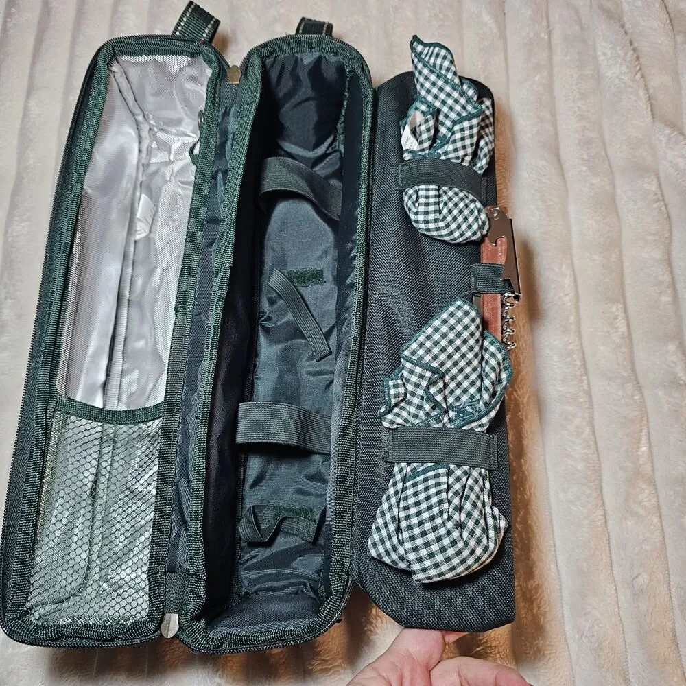 PICNIC AT ASCOT Wine Cooler Tote For 2 Insulated Picnic Bag Green W/Opener MINT